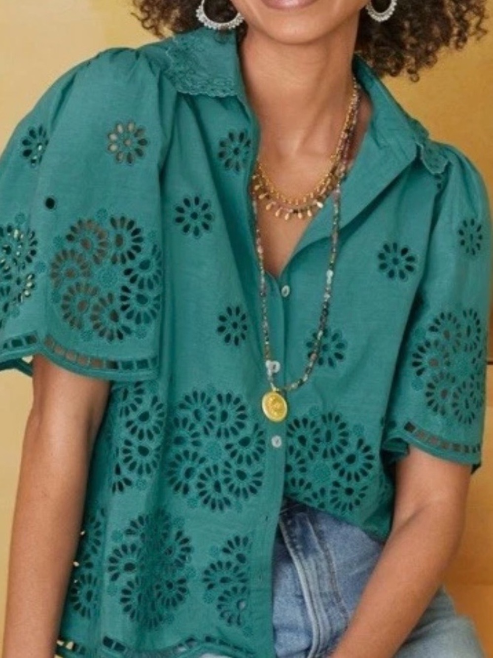 Sundance Teal Rosalie Lace Floral Cutout Embroidered Button-Front Blouse